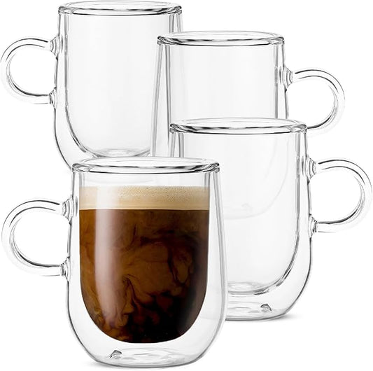 Brew To A Tea Glass Espresso Cups, Set of 4, 3 oz (90 ml), Double Wall, Insulated, Clear