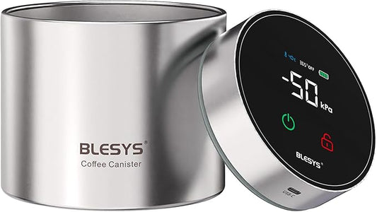 Smart Vacuum Coffee Canister, Automatic Stainless Steel Food Storage Container, LCD Monitoring, One-touch Freshness, Date Tracker, Extra-long Standby Time, Holds 11 oz Coffee Beans (Silver, 0.9L)