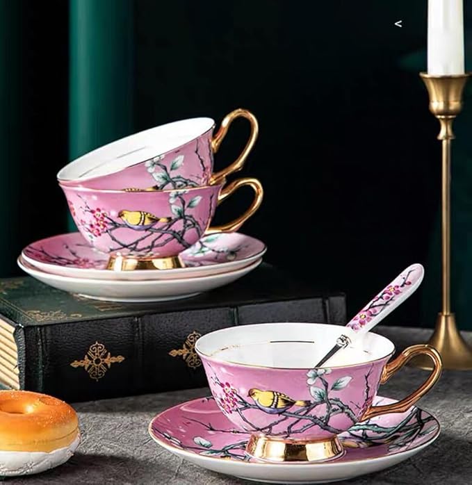 YBK Tech Euro Style Cup& Saucer Set Art Bone China Ceramic Tea Coffee Cup for Breakfast Home Kitchen- Birds and Trees Patterns (Pink)