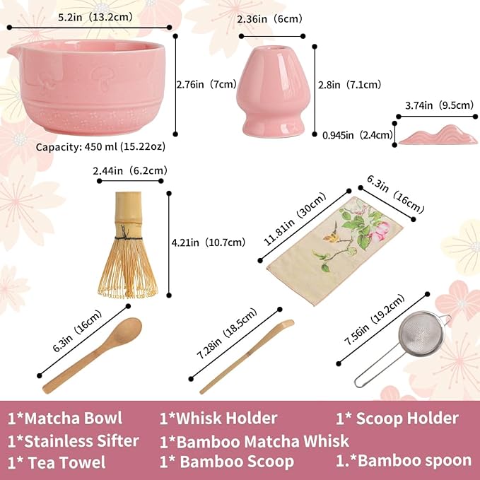 Matcha Set, 8-Piece Ceramic Matcha Bowl & Whisk Kit with Mushroom Pattern, Traditional Japanese Chawan, Bamboo Chasen, Scoop & Sifter, Gift for Tea Lovers, Zen Tea Ceremony Accessories (pink)