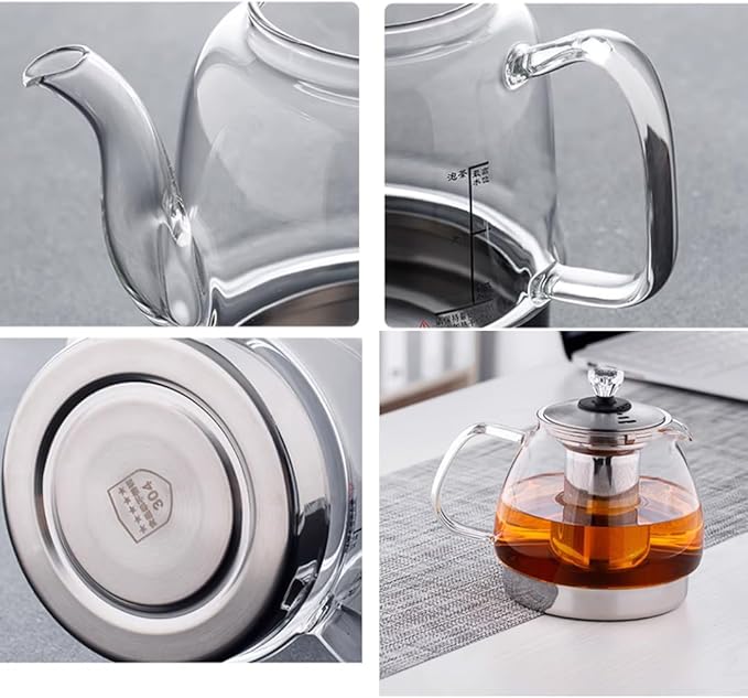 Induction Cooker Special Glass Teapot, Heat Resistant Borosilicate Glass Teapot With Stainless Steel Inner Filter for Loose Tea,tea Kettle Stovetop Clear Glass Flowe A-1.4L