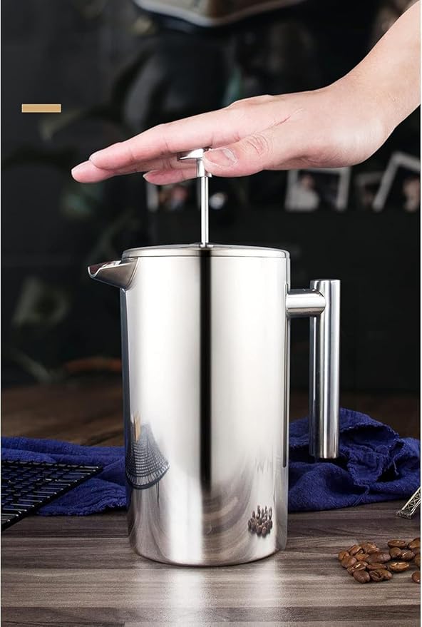 Miuly 21 oz Stainless Steel French Press 600ML Coffee Press with 3 Level Filtration System, Double Wall Insulated French Press with 2 Filters for Home or Office, Silver