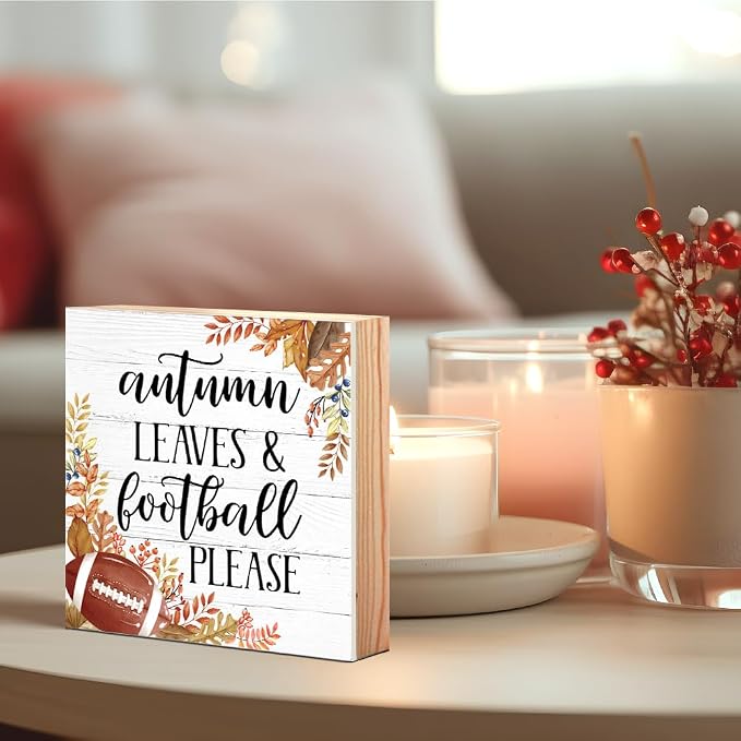 Autumn Leaves and Football Please Wood Box Sign, Football Desk Decor for Boy Room, Foot Ball Lovers, Thanksgiving Autumn Gifts for Men Women Players Fans Coaches Friends Sport Lovers Son Brother - Image 3