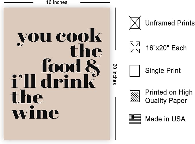 Poster Master Minimalist Poster - Funny Print - You Cook The Food, I'll Drink The Wine, Joke, Humorous, Unique - 16x20 UNFRAMED Wall Art - Gift for Artist, Friend - Wall Decor for Kitchen, Bar, Pub