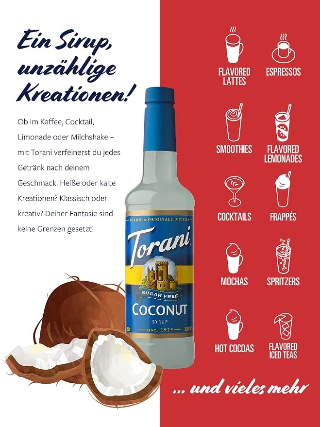 Torani Sugar Free Coffee Syrup, Coconut Flavored Syrup for Drinks, Zero Calorie, Pump Included, 25.4 Fl Oz - Image 3