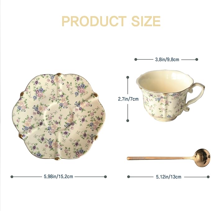 Vintage Floral Porcelain Tea Cup and Saucer Set with Spoon, Gold Trim, 6.4 oz – Set of 1, Beige – Tea & Espresso & Coffee Cups (1, Beige)