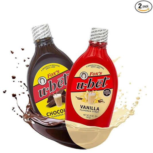 FOX’S U-BET Syrup Bottle – Brooklyn Original Since 1900, Thick, No High Fructose Corn Syrup, Kosher Certified, Fat Free, For Egg Creams, Coffee, Milkshakes & Desserts (2-Pack, Chocolate & Vanilla) by Foxsu-bet