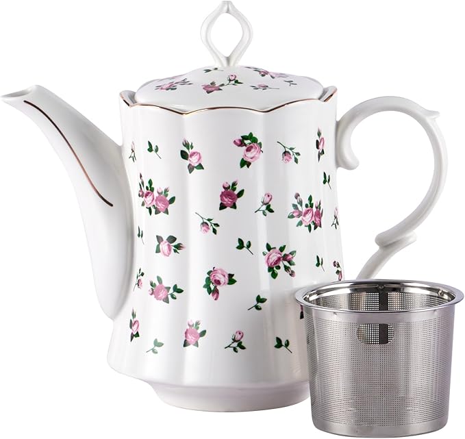 Vintage Floral Tea pot with Infuser, 33oz, Ceramic Teapot with Tea Strainers for Loose Leaf Tea, Rose Teapots for Tea Party