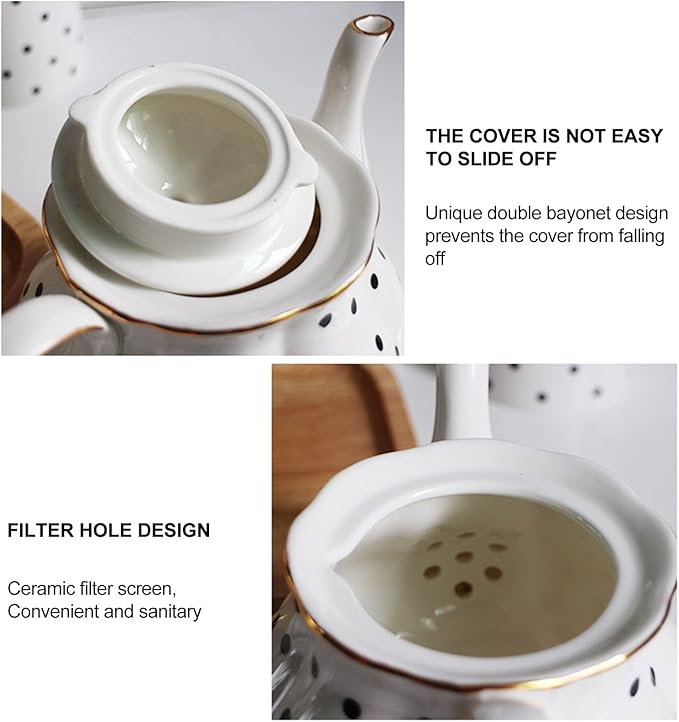 European Style Teapot Handmade Ceramic Teapot Pumpkin Fluted Shape Vintage Tea Party Set Gift (Polka dot)
