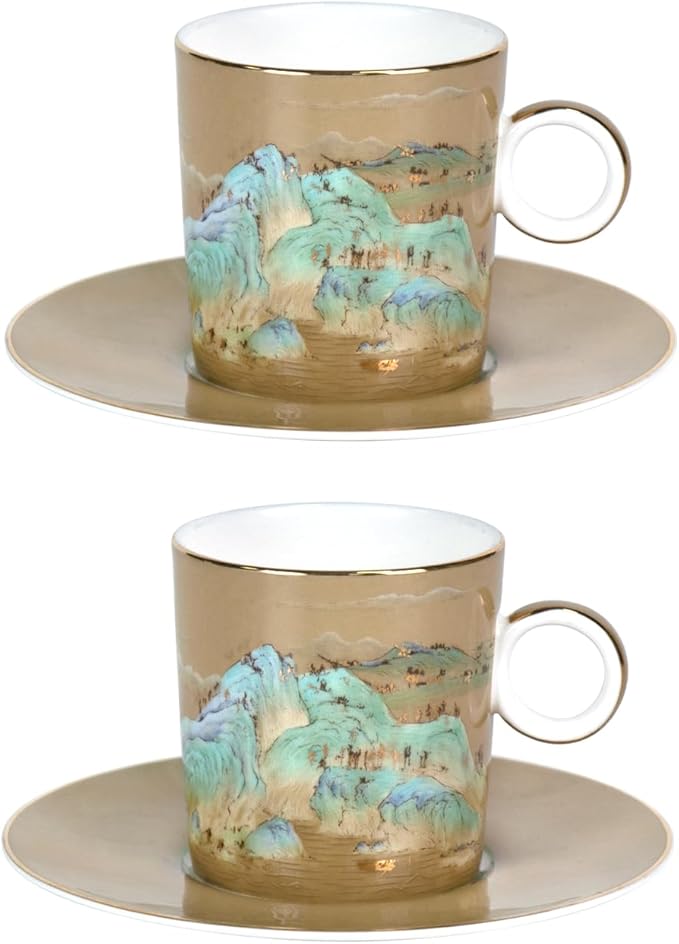 KAMMAK Tea Cups and Saucers Set of 2, Fine Bone China Coffee Cups, Stackable Espresso Mugs, Ceramic Demitasse for Coffee, Cappuccino, Latte, Americano, Tea, Small - River and Mountains