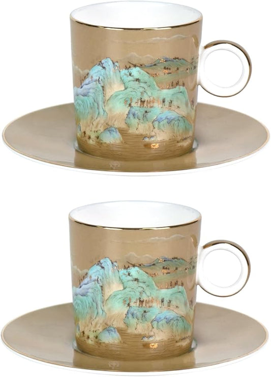 KAMMAK Tea Cups and Saucers Set of 2, Fine Bone China Coffee Cups, Stackable Espresso Mugs, Ceramic Demitasse for Coffee, Cappuccino, Latte, Americano, Tea, Small - River and Mountains