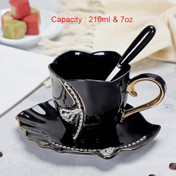 Ceramic Tea Cup and Saucer Set Decorative Rhinestone Coffee Mug Gift for Women 7oz (Black)