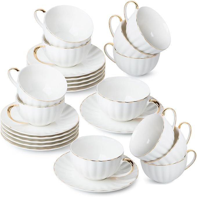 BTaT- Cappuccino Cups with Saucers 7 oz, Set of 12, White Porcelain Coffee Cup and Saucer Set for Latte with Golden Trim Design, Dishwasher Safe, Mocha, Tea, Au Lait, Flat White