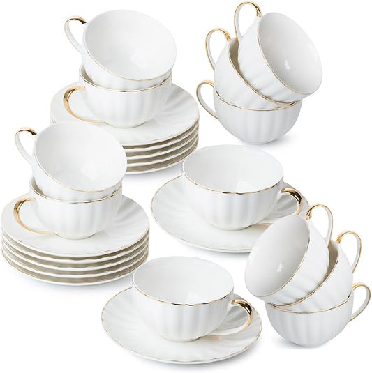 BTaT- Cappuccino Cups with Saucers 7 oz, Set of 12, White Porcelain Coffee Cup and Saucer Set for Latte with Golden Trim Design, Dishwasher Safe, Mocha, Tea, Au Lait, Flat White