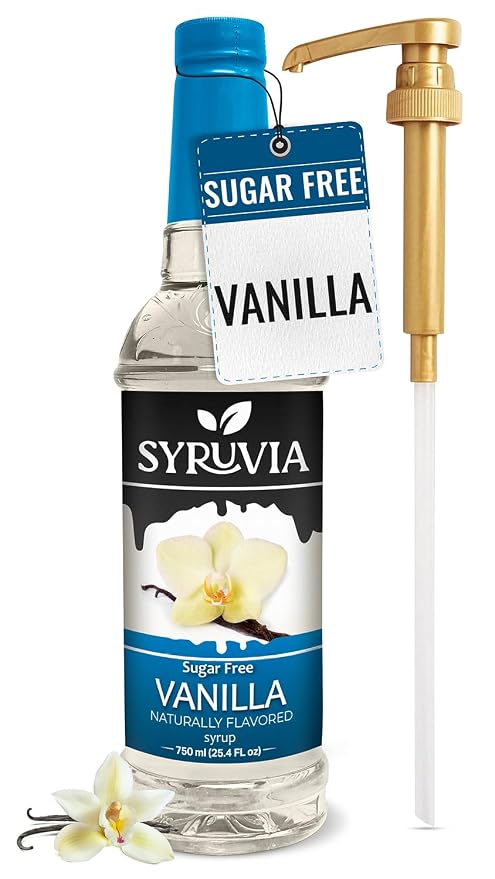 Syruvia Sugar Free Vanilla Syrup for Coffee – Zero Sugar Vanilla Coffee Syrup, for Lattes, Drinks & Beverages – 25.4 fl oz, With Pump by SYRUVIA
