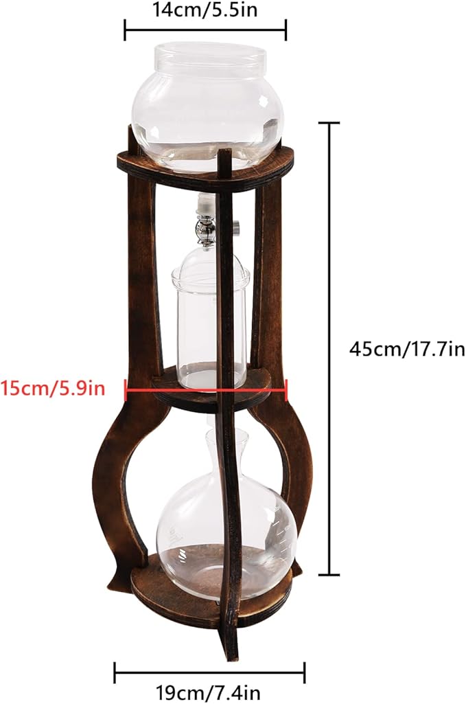 Iced Coffee Cold Brew Drip Tower, 600Ml Glass Cold Brew Coffee Makers 6-8 Cups Cold Extracted Coffee 2drops/S Brewing 3 to 5 Hours with Removable Shelf and Adjustable Drip Speed Valve (Brown)