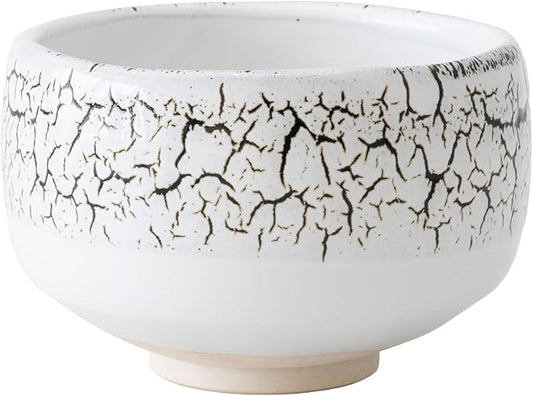 Asayu Japan Midorizumi Matcha Bowl - Handmade Gifu Japan Ceramic Chawan, 12 cm (4.72″) Diameter x 7.3 cm (2.87″) Height, 415 g - White with Dark Green Crackle Pattern