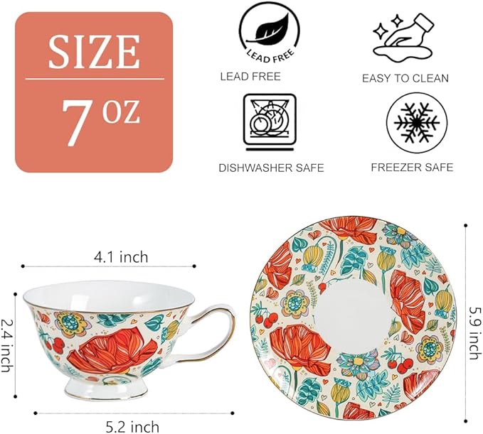 Ceramic 6.8 Oz Coffee Cup Mug with Saucer,Porcelain Vintage Floral Cups Set for Tea Party, Latte, Cappuccino Tea,Gift for Women (1, Red-Flower)
