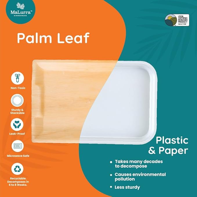 14"x10" Rectangle Tray - 50 PCs Disposable Serving Palm Platters Like Bamboo Charcuterie Tray | Biodegradable | Disposable | Eco-Friendly, Heavy Duty, Bulk | For Parties, Weddings, BBQs & Catering