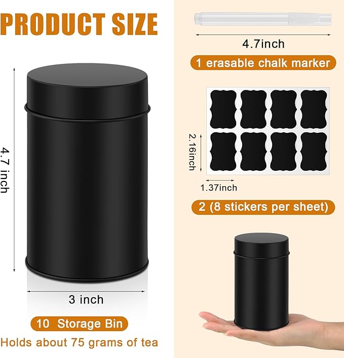 Tanlade 10 Pcs Tea Tin Canister Metal Round Can with Airtight Lid Double Sealed Tea Tin Canisters, with 1 Erasable Chalk Marker and 16 Stickers for Loose Leaf Coffee Sugar, 14 oz