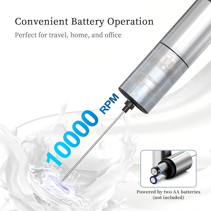 Battery Operated Coffee Frother by ELMWAY, Stainless Steel Electric Whisk, Mini Milk Frother Handled for Coffee, Latte, Matcha and Protein Powder (Silver without Stand)