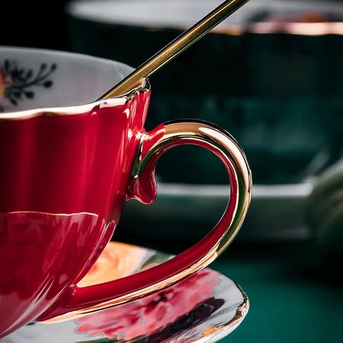 Porcelain Tea Cup with Saucers and Spoon, 2 Sets of 8 Oz Floral Coffee Mug with Gold Trim Holder, Royal Ceramic Teacup Set, Espresso Latte Mugs for Wedding Birthday Party Table Supplies (Red + Green)
