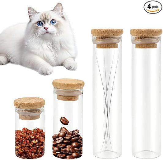 Cat Whisker Jars, 4 Pack Cat Whisker Jars with Bamboo Cover, Mini Glass Vase for Whiskers Cats Collector, Elegant Memorial Gift for Pet Lovers, 3 Sizes, Transparent