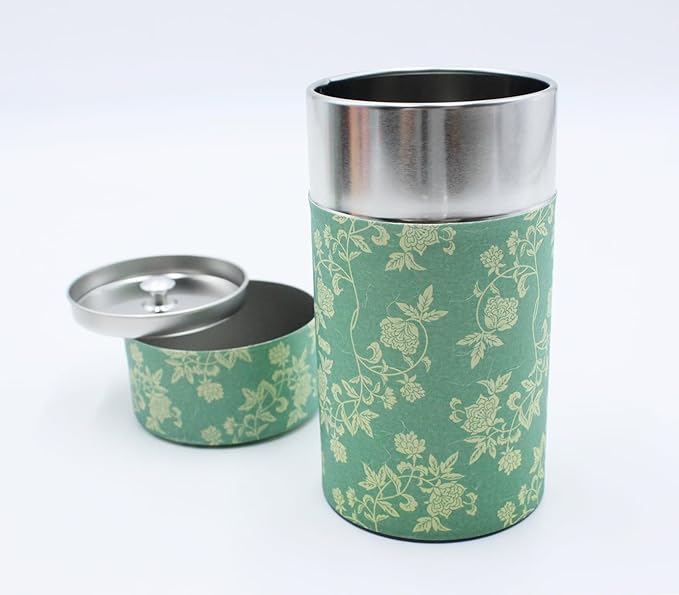 Japanese Pokkan Matcha Coffee Spice Tea Tin Canister Washi Paper Storage with Lid 7.05 oz Capacity (Hana Karakusa)