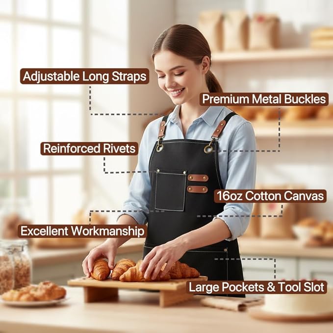 Aprons for Men Women with 3 Pockets, 16oz Cotton Canvas Chef Apron | Crossback Heavy Duty Kitchen Apron for Cooking, Durable Work Apron for Grilling, Baking, Hairstylist, Bartender, Barista, Art - Image 5