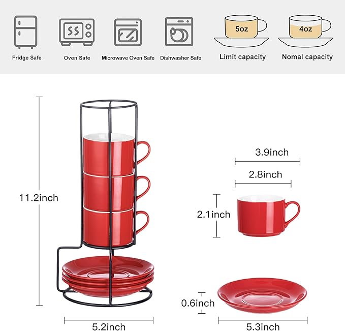 4oz Porcelain Stackable Espresso Cups with Saucers and Metal Stand Set of 4, Stackable Espresso Cups Set of 4, Red Expresso Shots Cup Set for Coffee Drinks, Cappuccino Latte, Americano, Tea