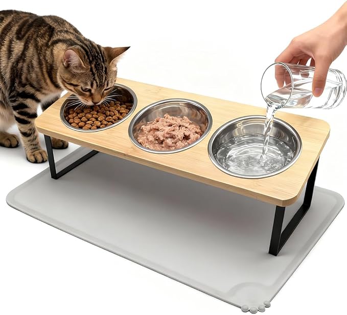 Elevated Cat Bowls with Silicone Mat – 3 Stainless Steel Bowls, 15° Tilted Bamboo Stand Feeding Station for Indoor Cats & Puppy, Anti Vomiting, Whisker Fatigue Relief & Healthy Digestion