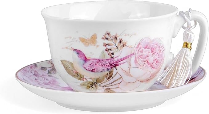 STP GOODS Bone China Tea/Coffee Cup and Saucer in Gift Box Fine Set of One (Birds in Rose Garden)