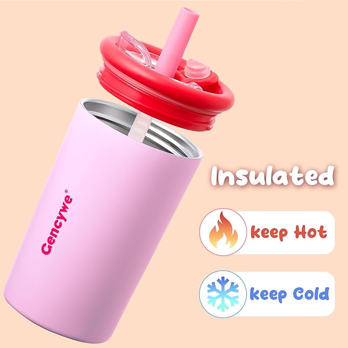 Kids Stainless Steel Cups with Straws and lids | 12 oz Spill-Proof Sippy Smoothie Tumbler Set, Small Kids Snack & Drink Water Cups, BPA-Free, Dishwasher Safe, with Box (Age: 3+ years old & up)