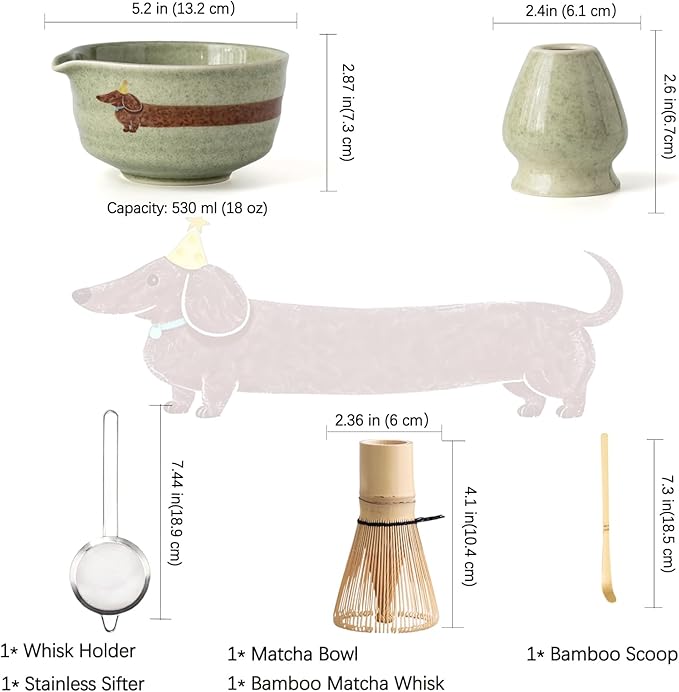 Matcha Set with Dog Pattern, Japanese Matcha Whisk Set Includes Matcha Bowl with Spout, Whisk Holder, Bamboo Whisk and Scoop, Matcha Sifter, 17 oz Ceramic Matcha Kit for Tea Lovers (Mottled Green)