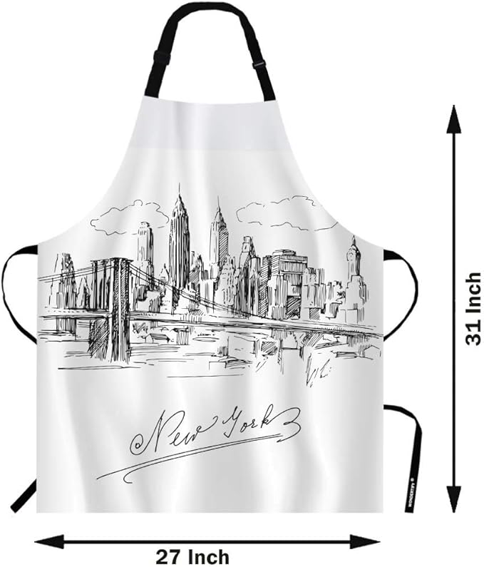 WONDERTIFY New York Apron,Hand Drawn New York City Architecture Metropolis Skyline Bib Apron with Adjustable Neck for Men Women,Suitable for Kitchen Cooking Waitress Chef Grill Bistro Baking Apron