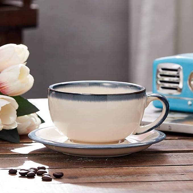 Vintage Design 12 oz Ceramic Latte Art Cappuccino Barista Cup with Saucer (Beige)
