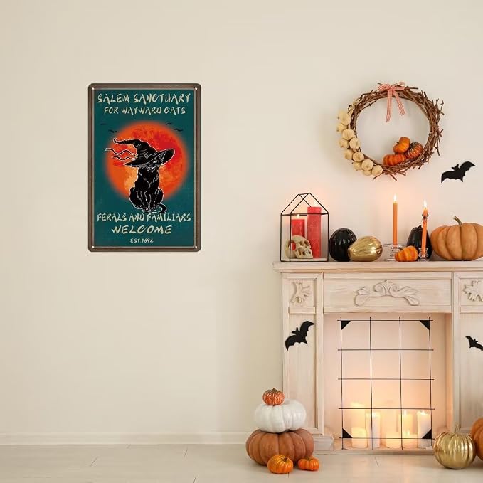 bivrten Vintage Halloween Decor Tin Sign Coffee Black Cat Metal Poster Salem Sanctuary For Wayward Cats Poster Goth Cat Poster Home Coffee Wall Art Decoration Decor Retro Metal Tin Sign 12x8 inch - Image 3