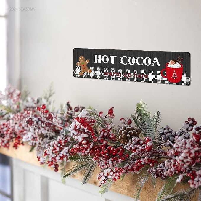 Hot Cocoa Warm Up Here Christmas Metal Sign Vintage Print Art Poster Tin Hanging Plaque for Home Kitchen Patio Yard Office Cafe Coffee Bar Front Door Wall Decor Novelty Gift 16" x 4" - Image 4