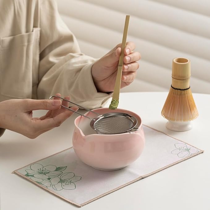 Japanese Matcha Tea Set, Pink Peach Ceramic Matcha Bowl with Soft Glaze, Bamboo Whisk & Scoop, Complete Tea Ceremony Kit with Gift Box