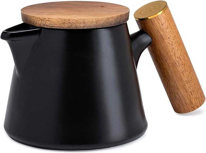 ChefWave Matte Black Ceramic Tea Pot with Stainless Steel Infuser and 2 Matte Black Medium Ceramic Mugs Bundle (3 Items)