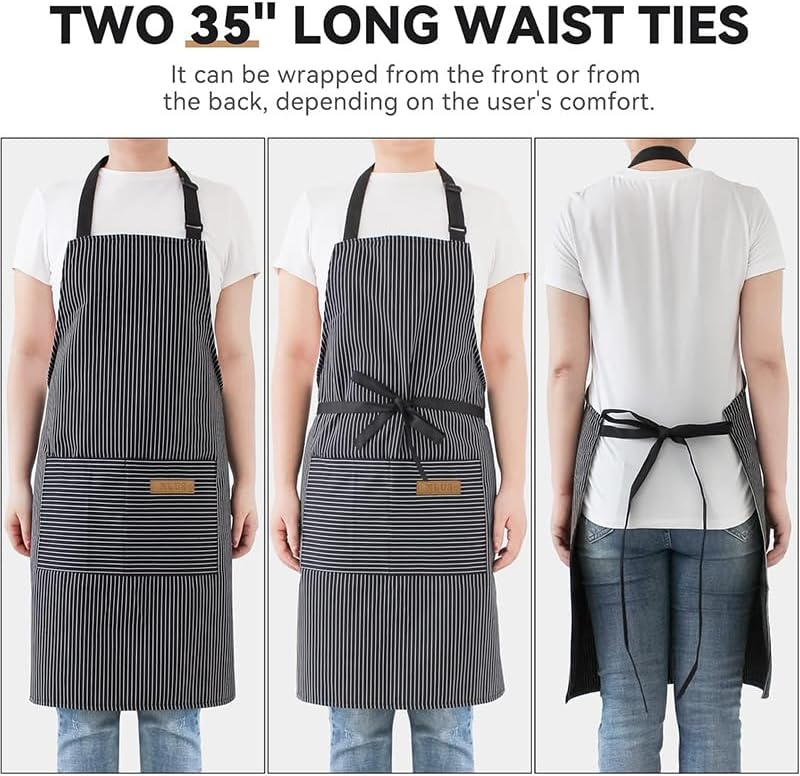 Chef Apron Bib Apron with 2 Large Pockets Adjustable Neck Strap Kitchen Apron Cooking Apron Stripes Baking Apron - Image 5