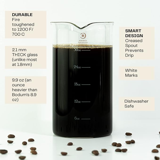 French Press Replacement Glass by Cafe Crush Club - Fire Hardened Borosilicate Beaker - 34 Ounce | 1 Liter Size with White Measures
