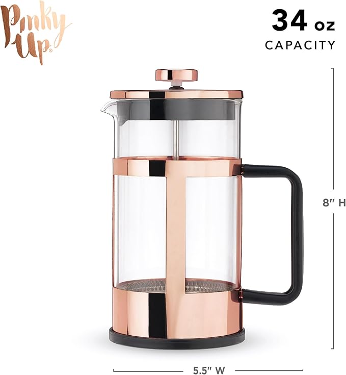 Pinky Up Piper Tea Press Pot, Coffee Maker, French Press for Loose Leaf Tea and Coffee, Hot or Iced Beverage Brewer, 34 oz, Rose Gold