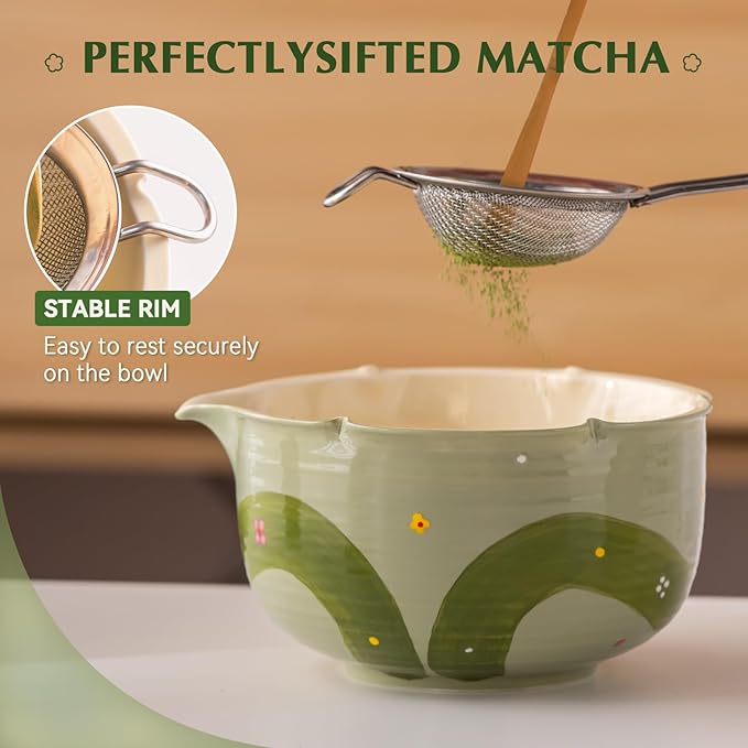 Matcha Whisk Set, 7Pcs Matcha Set with Hand-Painted Ceramic Matcha Bowl, Matcha Whisk and Holder, Scoop and Rest, Sifter, Tea Towel, Artisan Matcha Kit for Ceremony & Gifting (Green)