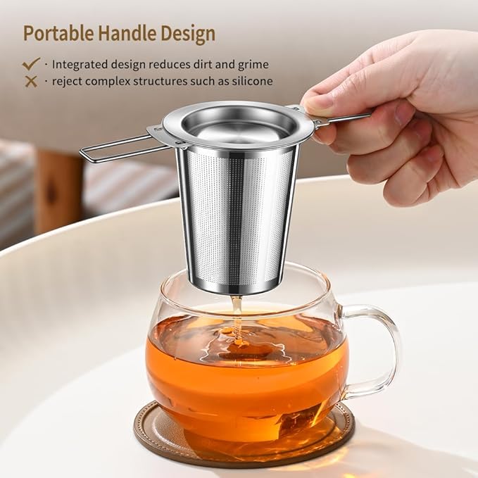 1Pack Long-Handled Tea Strainer with Drip Tray, BOMANSI BOMS Stainless Steel Tea Infuser Basket, Tea Infuser for Loose Leaf Tea, Fine Mesh Tea Diffuser, Loose Leaf Tea Steeper, Large Tea Infuser
