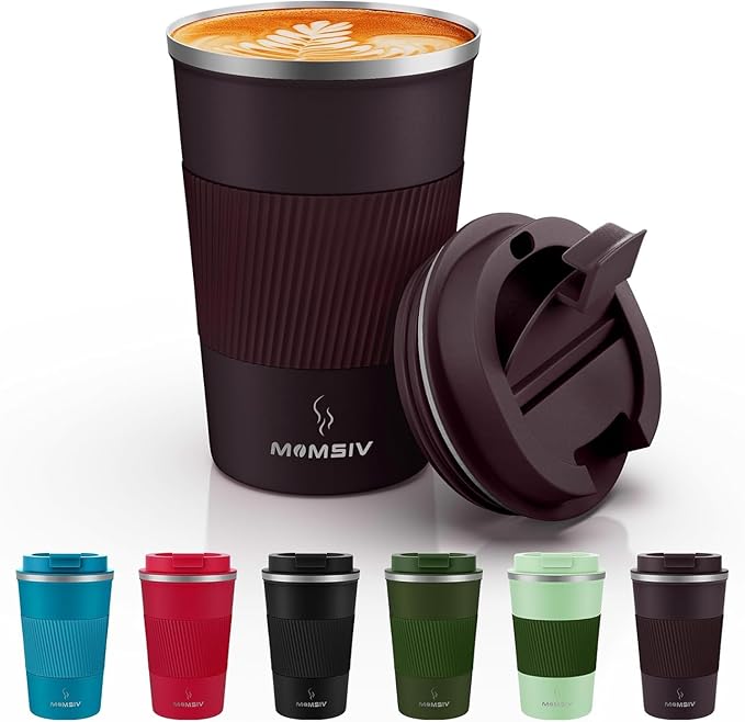 MOMSIV 12oz Travel Mug, Insulated Coffee Cup with Leakproof Lid, Vacuum Stainless Steel Double Walled Reusable Tumbler for Hot and Cold Water Coffee and Tea In Travel and Car (Brown)