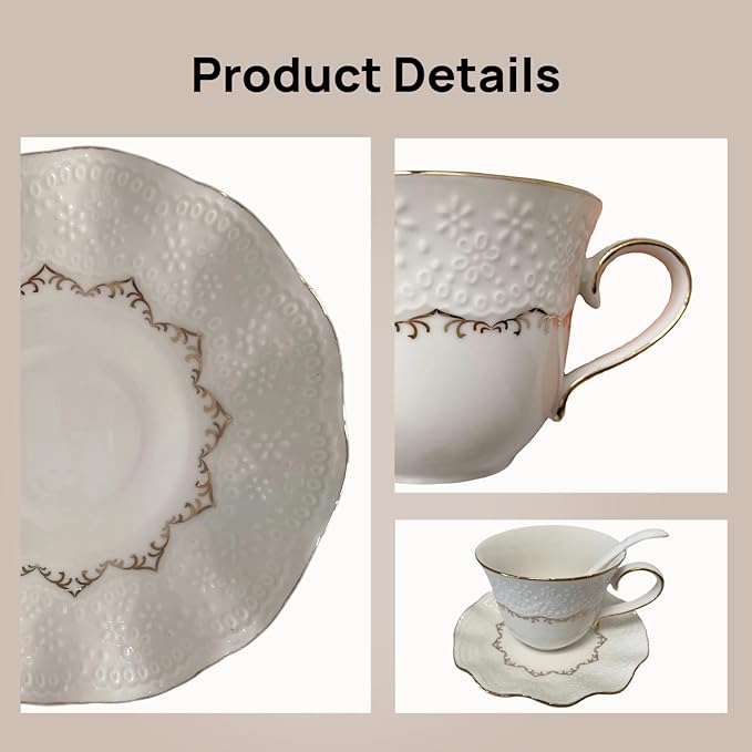 Tea Cup and Saucer Set for 1, Coffee Cup with Saucer and Spoon, Espresso Latte Cup for Women Gift, Dishwasher Safe, 6.8 Oz
