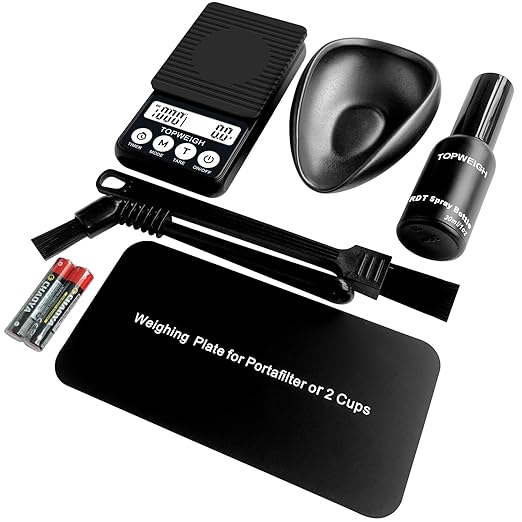 Waterproof Espresso Scale with Timer, 1000g x 0.1g, Portafilter Weighing Plate, Coffee Bean Dosing Cup, Spray Bottle, RDT Tool Set, Barista Cleaning Brushes & Batteries Included