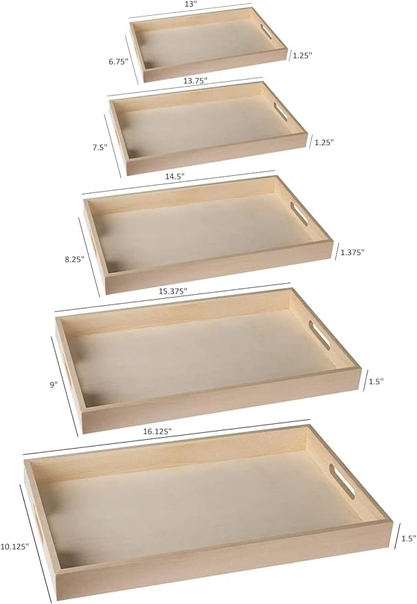 Hammont Wood Serving Tray Set with Handles - 5-Piece Nested Breakfast Trays for Food, Party Buffet, Organizing, and Montessori - Versatile Wooden Trays for Serving, Catering, and Bathroom Use