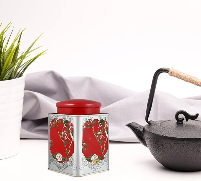 BESPORTBLE Red Tinplate Tea Canister with Airtight Double Lids - Square Sealed Storage Container for Loose Tea, Coffee, Spices, and Candy - 4.01X4.01X5.90In